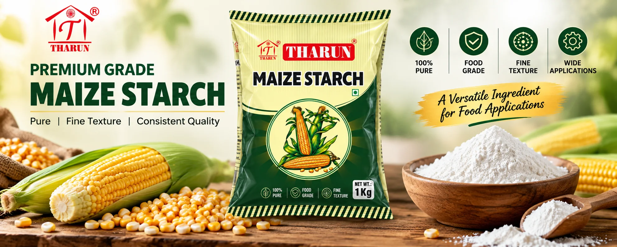 Tharun premium grade maize starch, 1 kg pack. Pure, fine texture, consistent quality. A versatile ingredient for food applications.