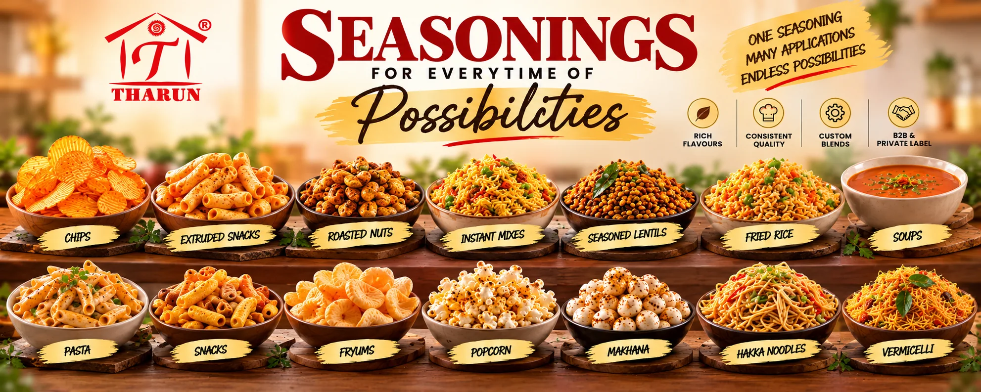 Tharun seasonings for every time of possibilities: chips, extruded snacks, roasted nuts, instant mixes, lentils, fried rice, soups, pasta, fryums, popcorn, makhana, hakka noodles and vermicelli.