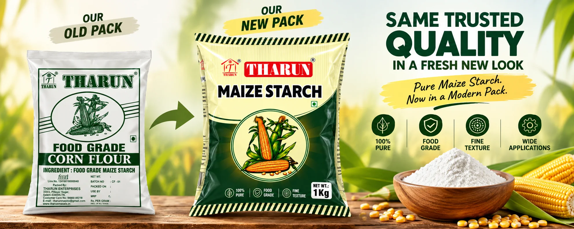 Our old pack and our new pack of Tharun maize starch. Same trusted quality in a fresh new look.
