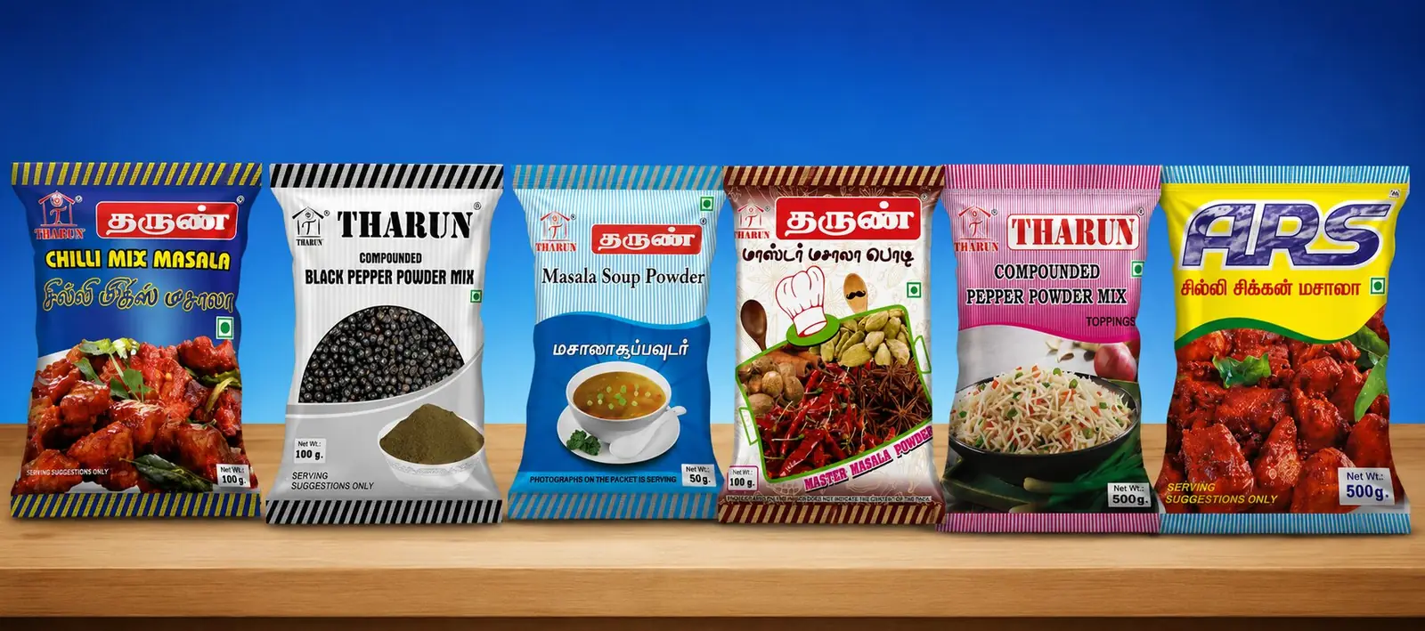 Tharun product line-up: chilli mix masala, compounded black pepper powder mix, masala soup powder, master masala powder, compounded pepper powder mix and chilli chicken masala packs